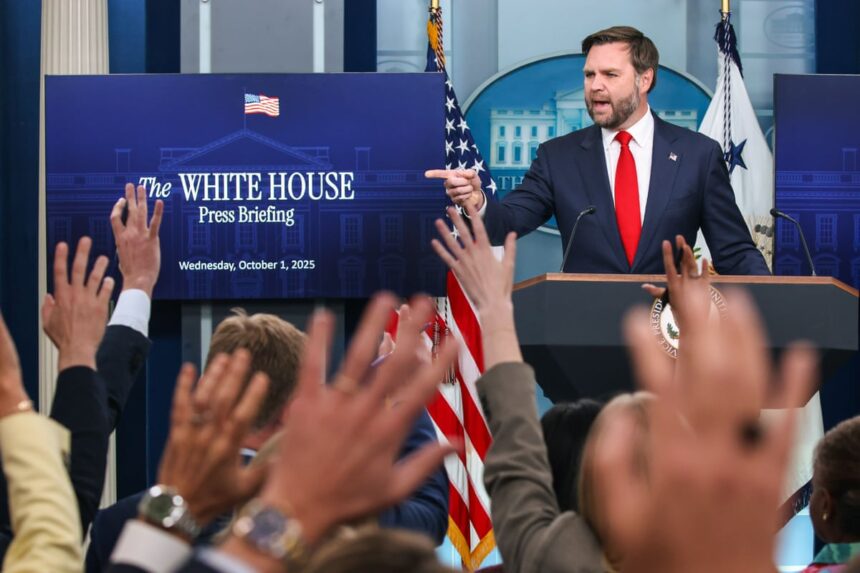 vance uses false claims to pin shutdown blame on democrats as white house warns of layoffs 68dd9686715ab