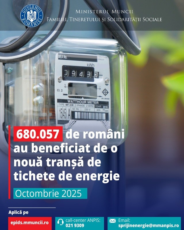 ministrul muncii peste 680 000 de familii si persoane singure au primit pentru luna octombrie o noua transa de tichete de energie 69273c9b2e40b
